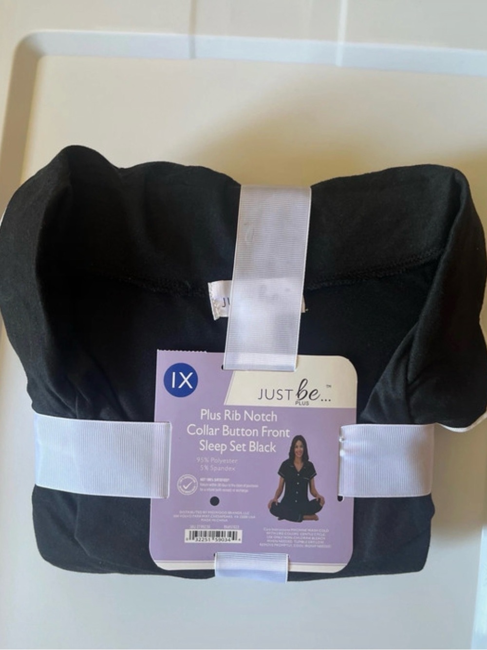 just be Black Plus Rib Notch Collar Button-Front Sleep Set